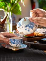 Platinum Blue & White 6-piece cup-pot Set (for 2 people), 130ml cups