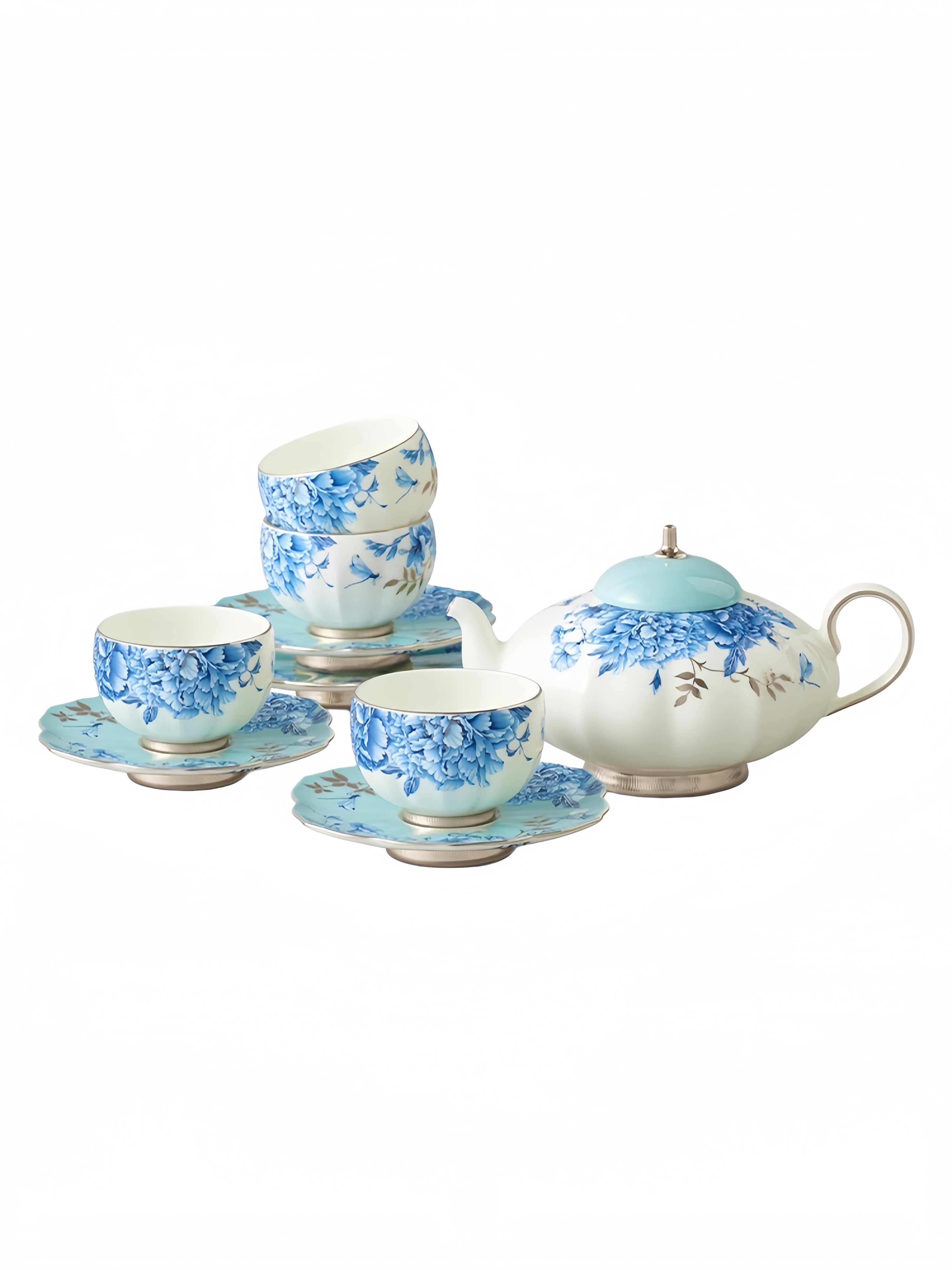 Platinum Blue & White Cup-pot Set (10-piece set for 4 persons)