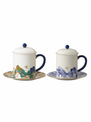 Felicitous Duet 3-piece Lid Cup and Pair Cup (Blue and White with Colorful)