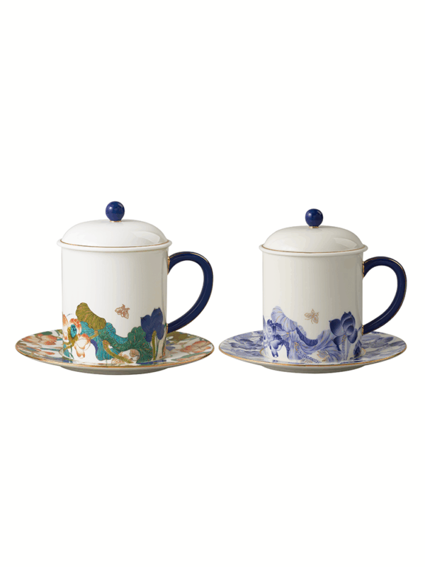 Felicitous Duet 3-piece Lid Cup and Pair Cup (Blue and White with Colorful)