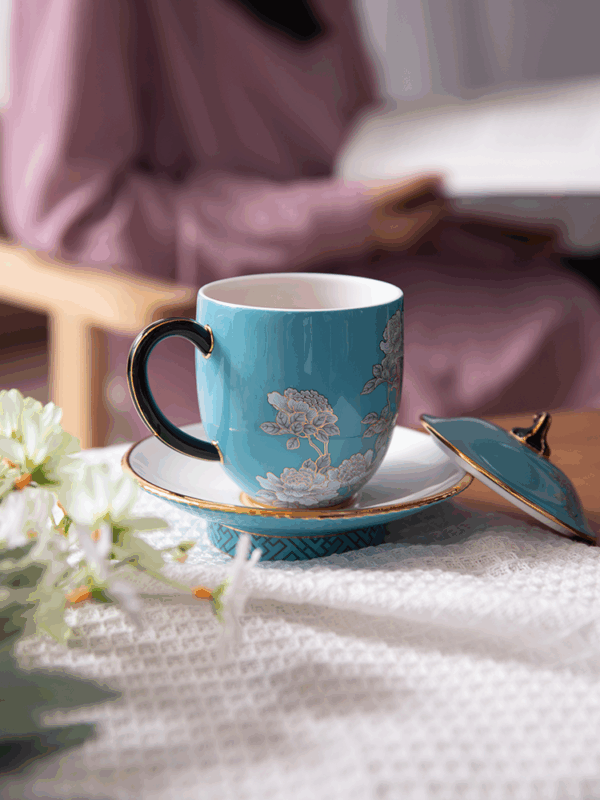 Elegant peony 3-piece covered cup set (330ml)