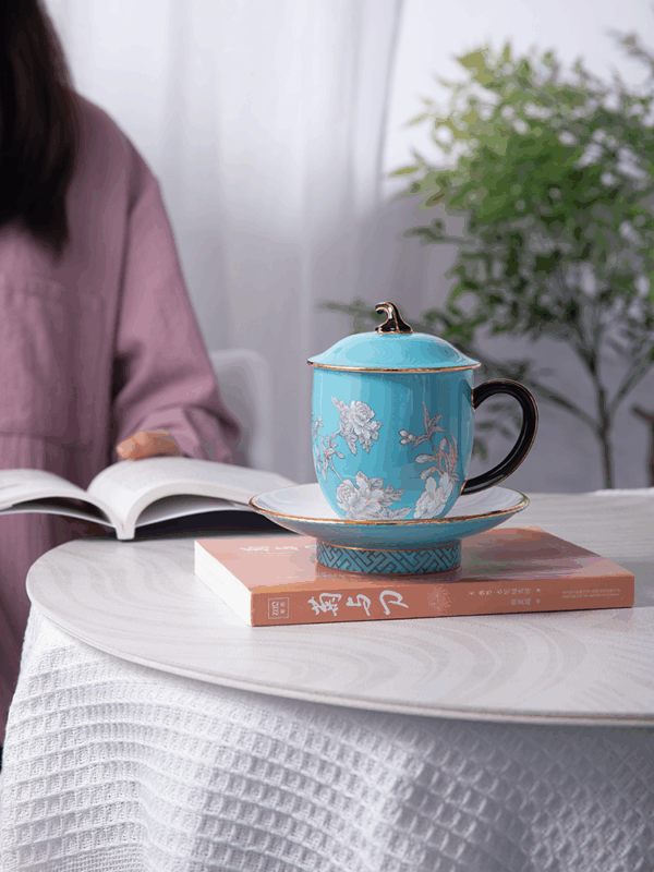 Elegant peony 3-piece covered cup set (330ml)